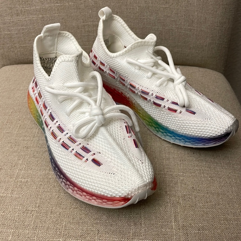 White tennis shoes, multi color highlights, never worn.